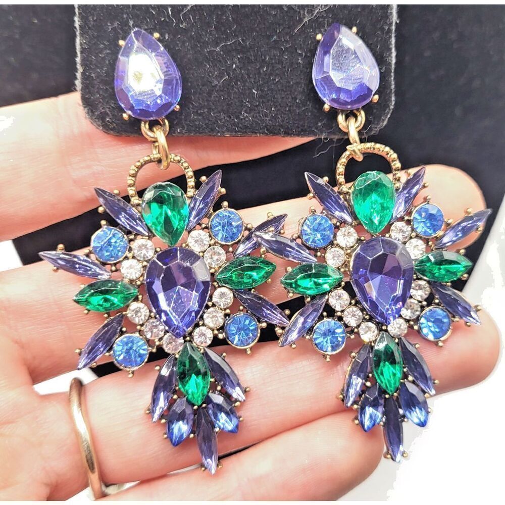 Bold Blue Green Chandelier Chunky Earrings 2.75in
